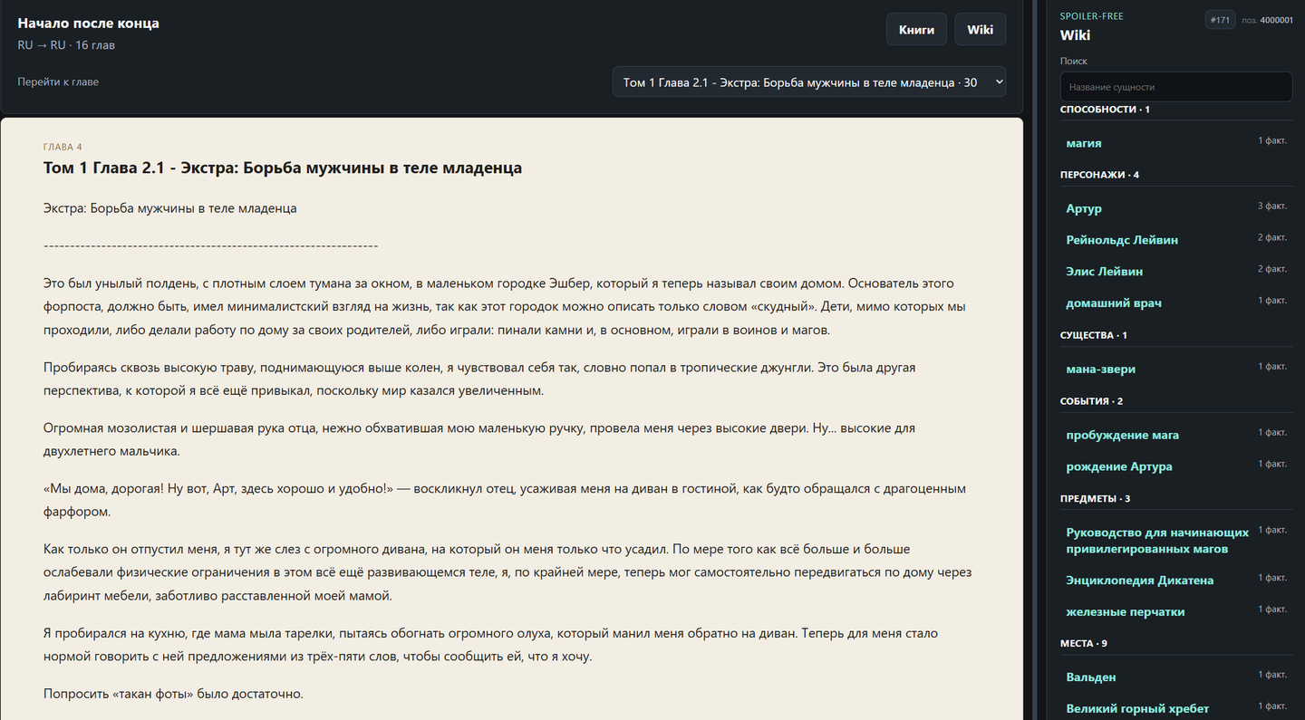 Экран чтения с текстом главы и позиционно-зависимой Wiki справа